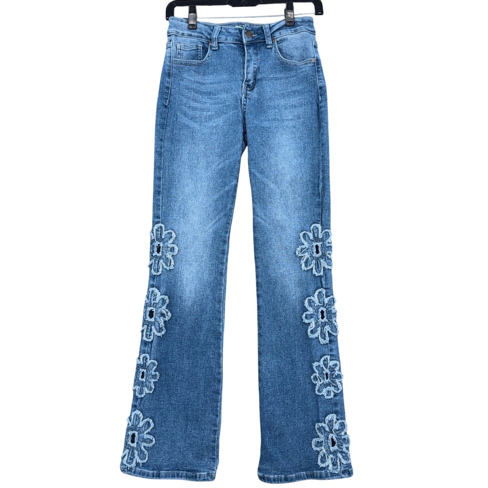 Sky Jeans Floral Applique Flare Women 7 Cotton Rayon Blue R/H226D